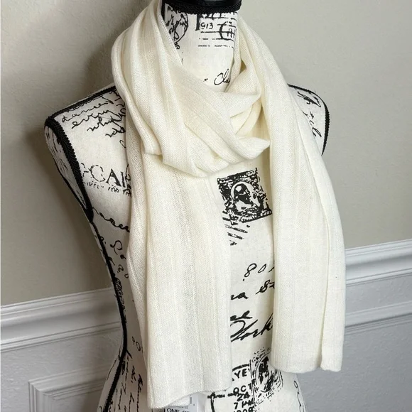 Charter Club Ivory Ribbed 100% Cashmere Scarf - Picture 2 of 5